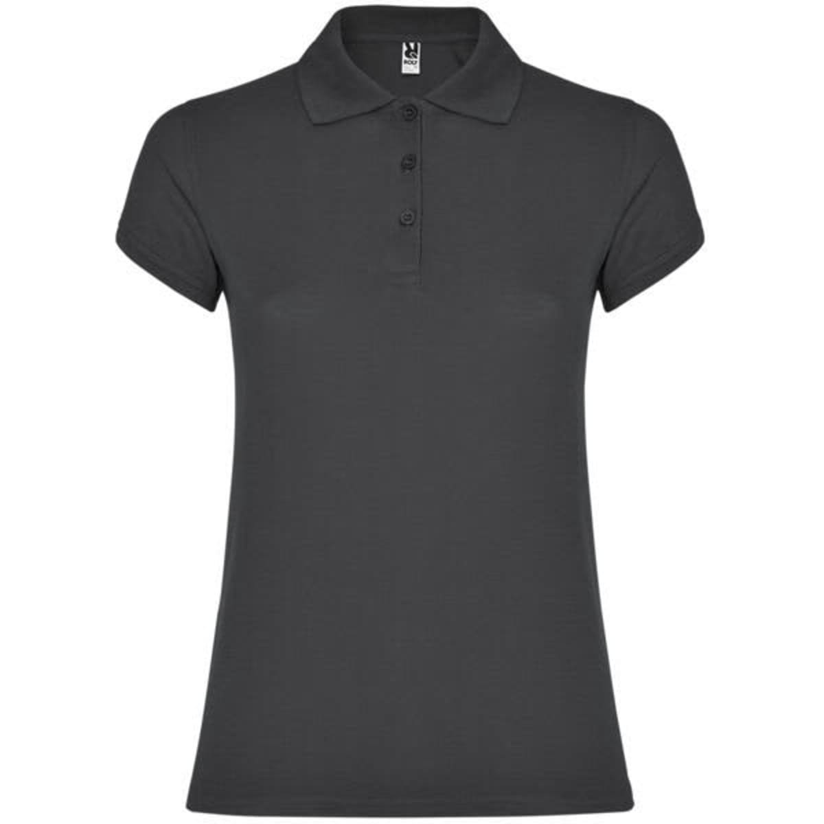 A women's polo shirt in dark grey featuring short sleeves and a button-up collar. The shirt includes a logo.