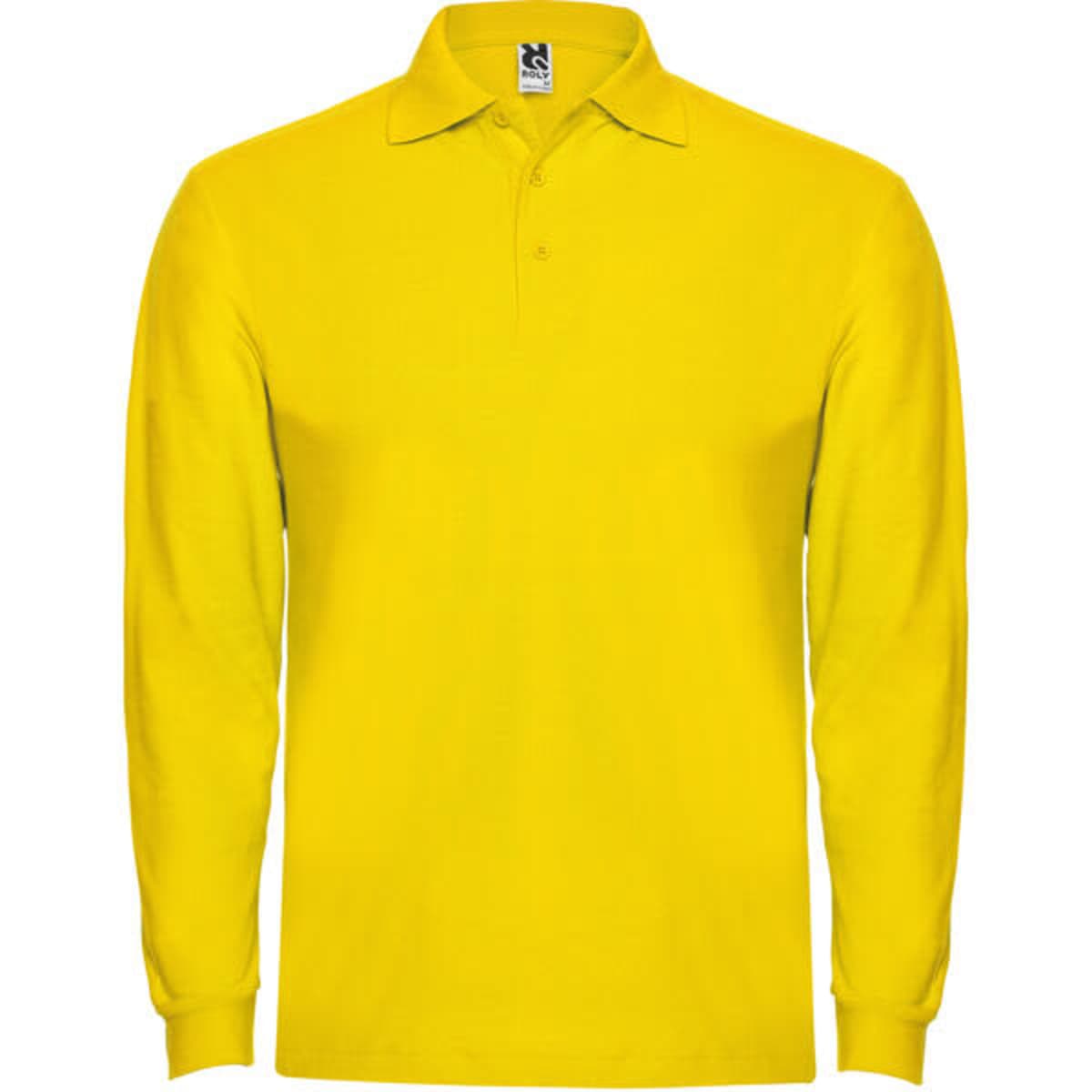 A bright yellow long sleeve polo shirt with a collar and branding.