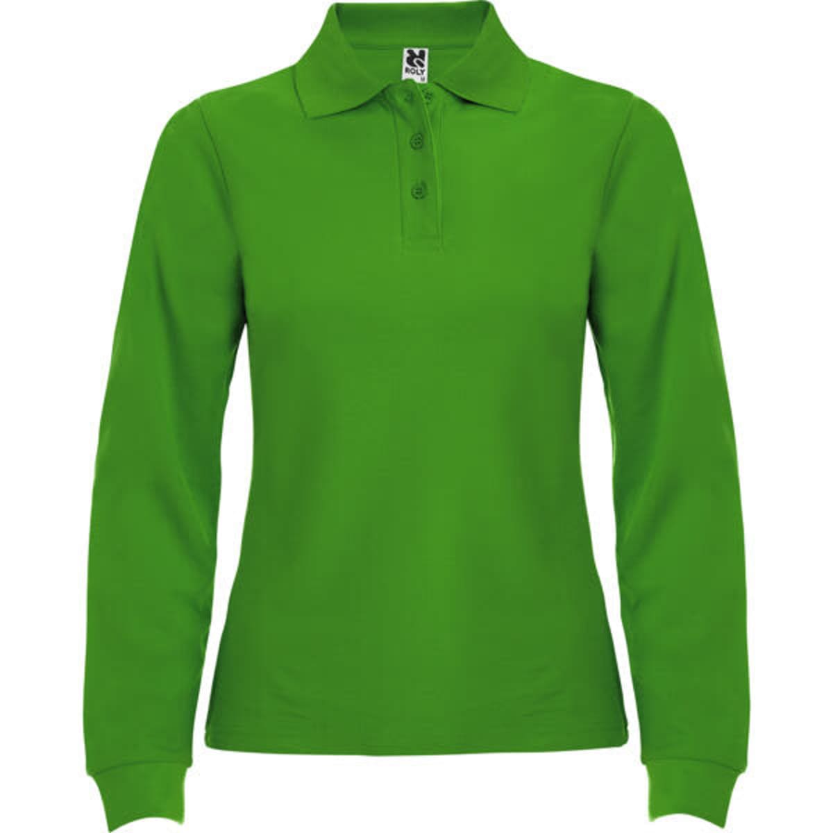 A long sleeve polo shirt in vibrant green with a collar and buttons, featuring a logo.