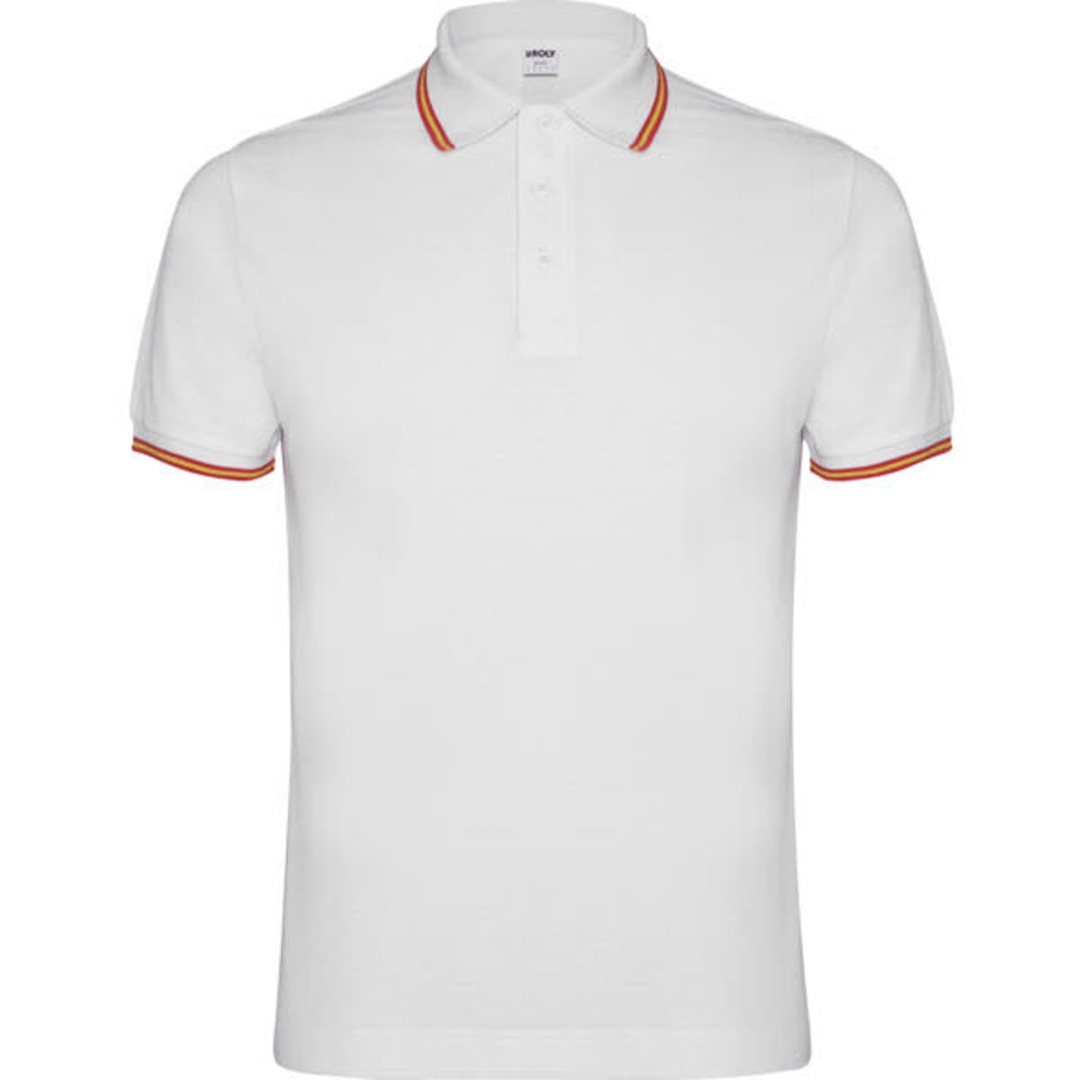 A white polo shirt featuring contrasting orange stripes on the collar and sleeves, complete with a logo.