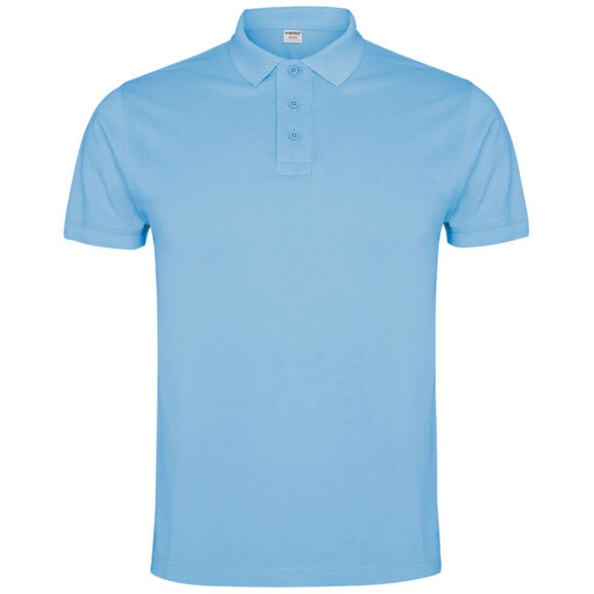 A light blue polo shirt with a classic collar and three button placket, featuring a logo.
