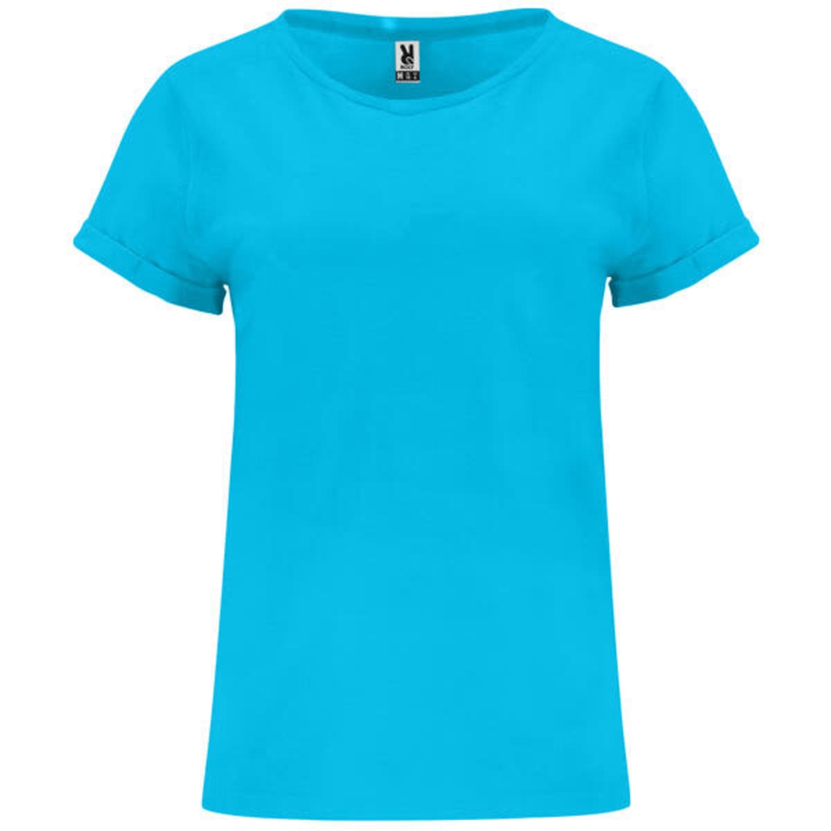 A bright blue T-shirt with a round neck and rolled sleeves, featuring a logo on the label.
