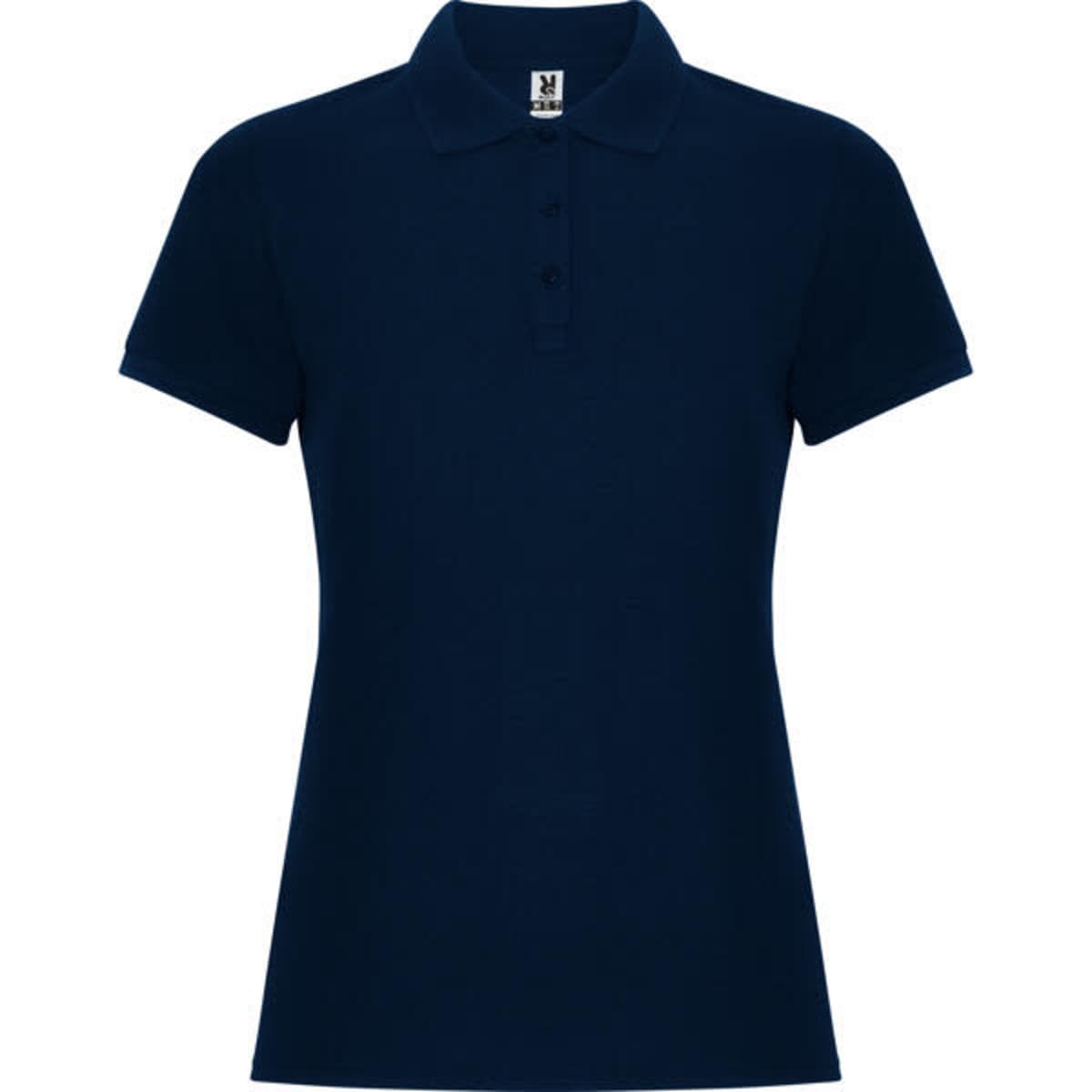 A navy women's premium polo shirt with a classic collar and short sleeves, featuring a brand logo.