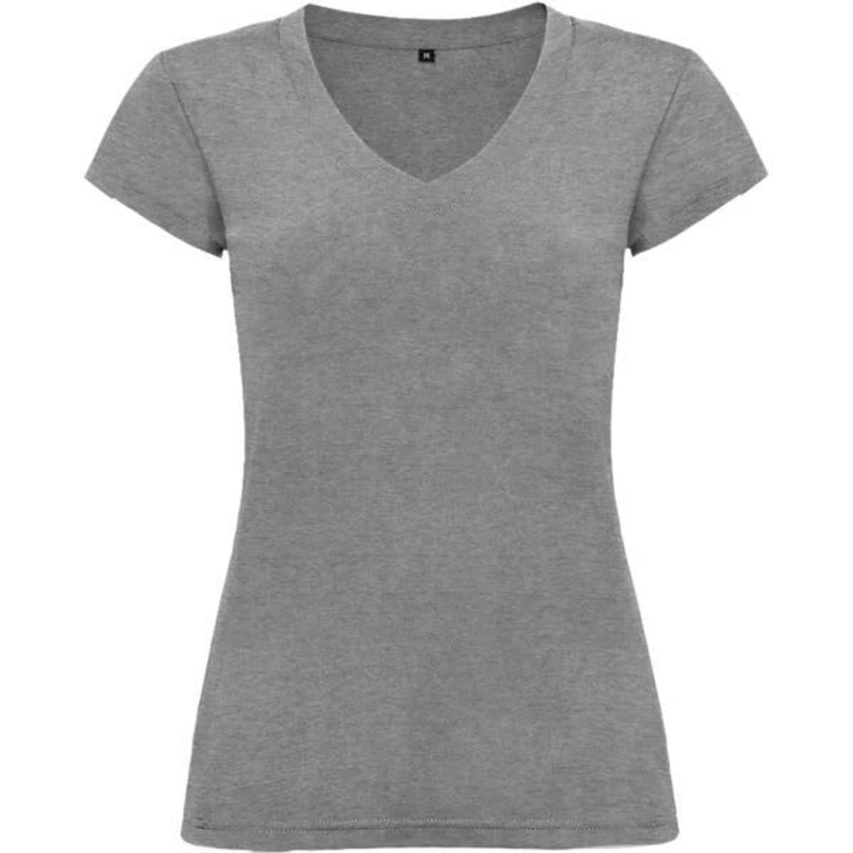 A grey V-neck T-shirt featuring short sleeves and a fitted style, with a branding logo.