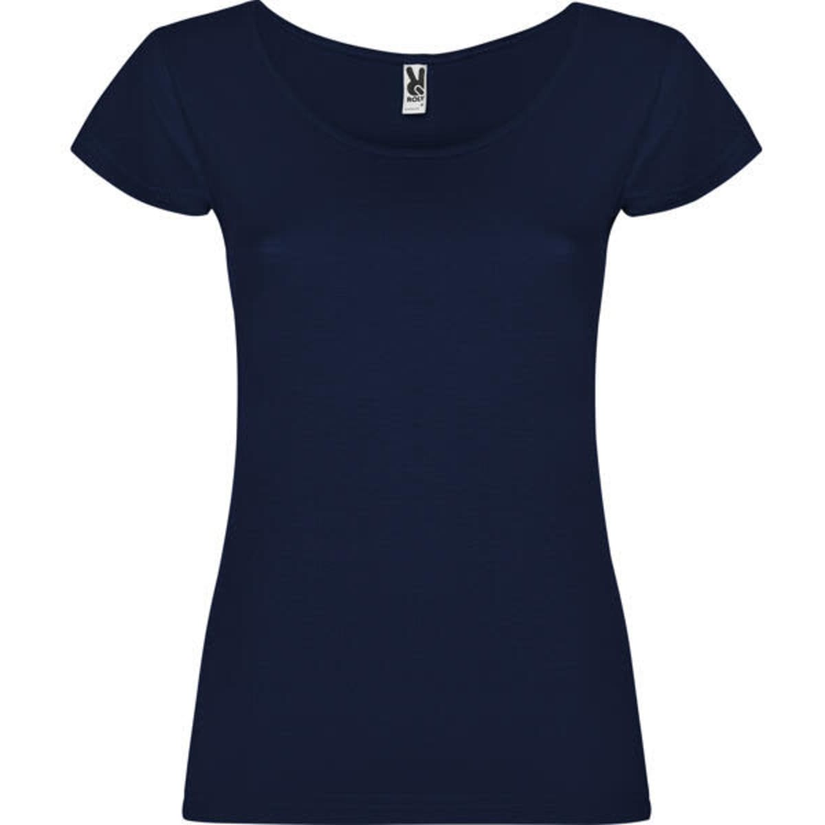 A navy blue T-shirt with short sleeves and a scoop neckline, featuring a logo on the label.
