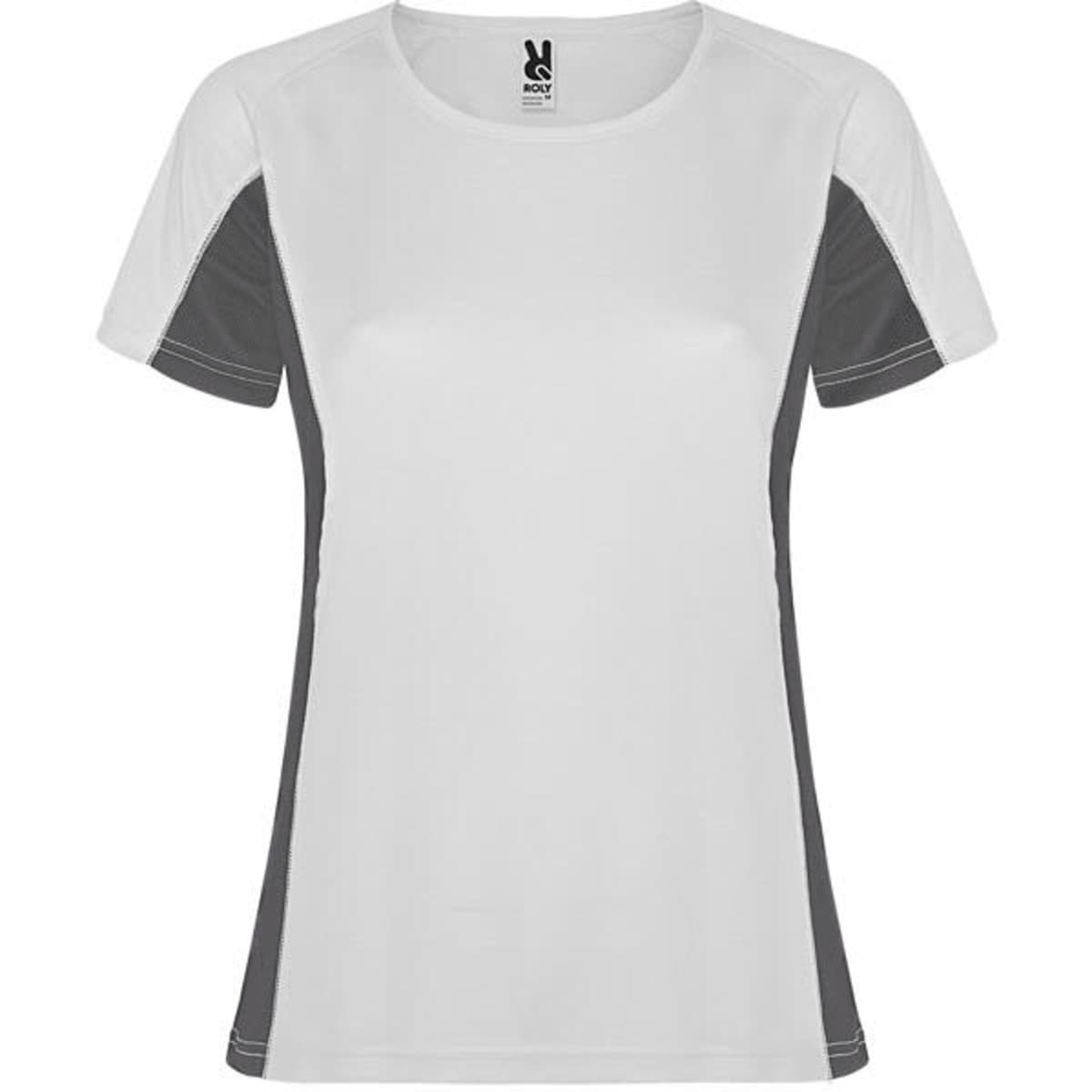 A women's T-shirt in white with grey side panels. It features a logo on the neckline.
