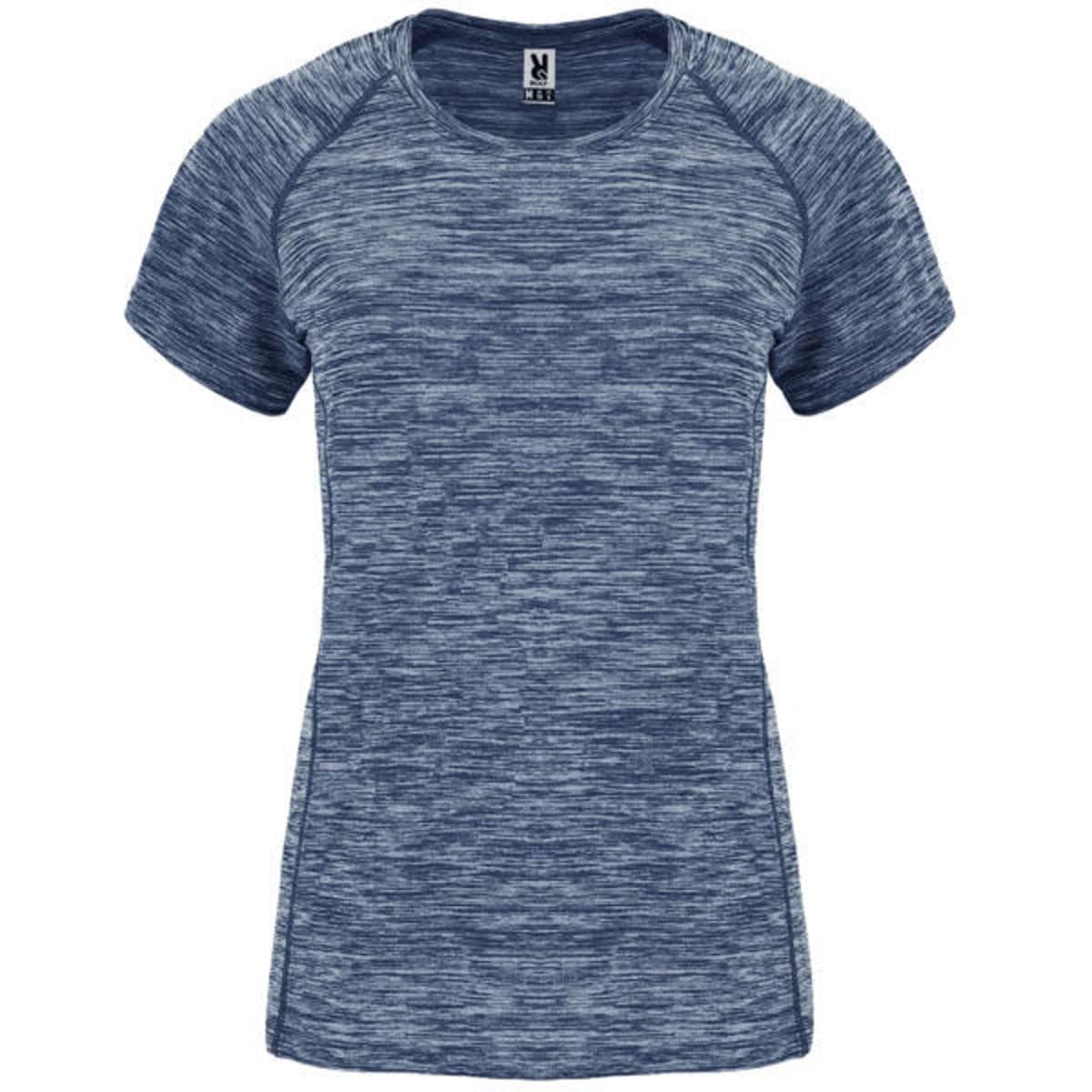 A women's T-shirt in a navy blue marled pattern. Short sleeves and a fitted design with a logo at the neckline.