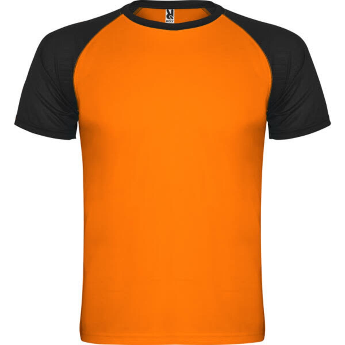 An orange T-shirt with black raglan sleeves, featuring a logo on the tag.