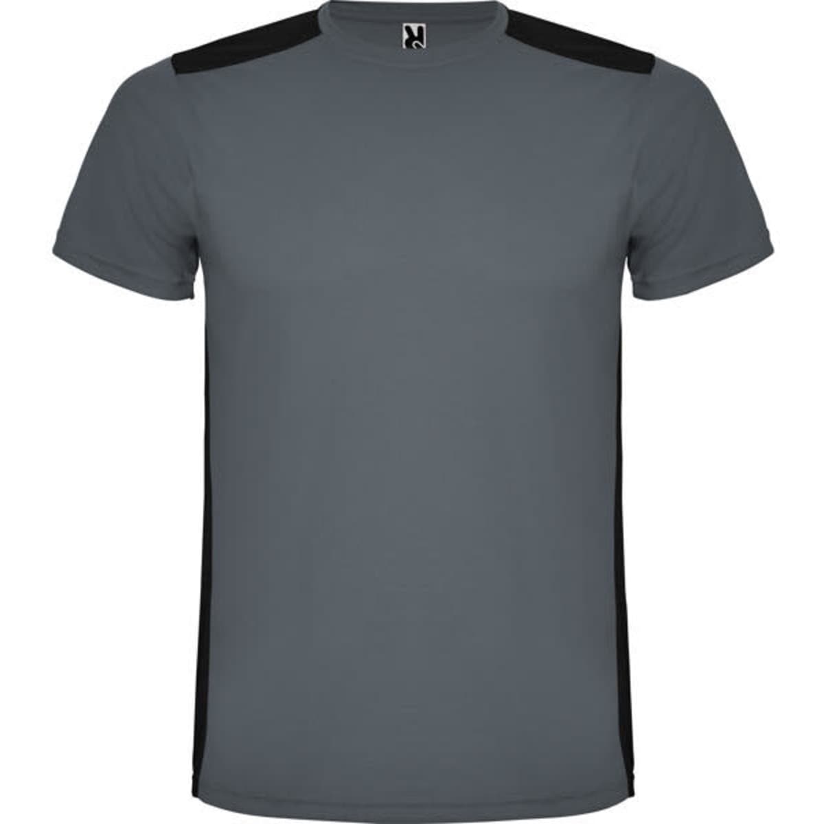 A grey T-shirt with black shoulder panels and a logo on the front. Short-sleeved design.