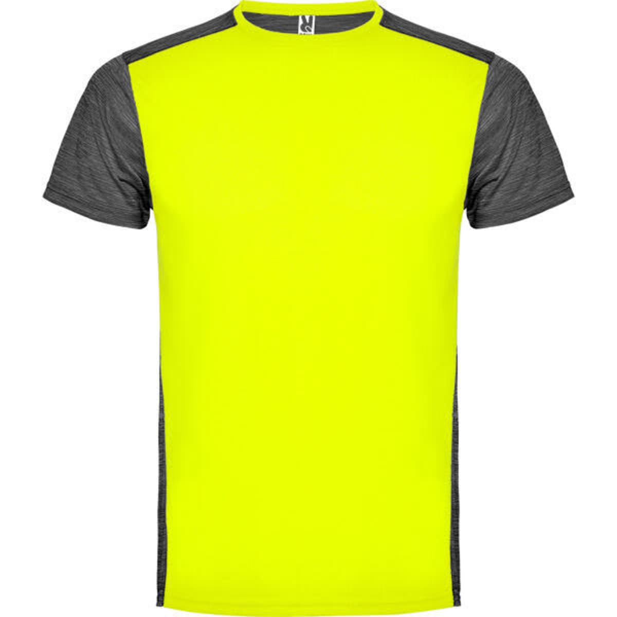 A bright yellow and grey t-shirt featuring short sleeves and a logo on the chest area.