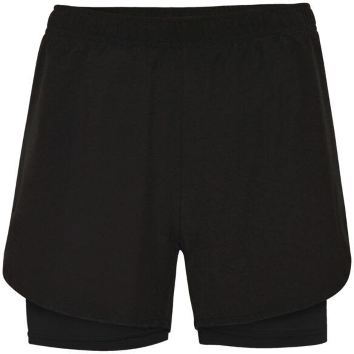 Black sports shorts featuring a layered design and an inner lining. The shorts also have a logo.