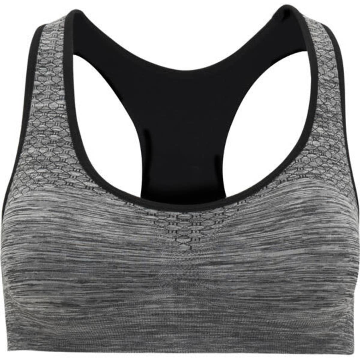 A grey cropped tank top with a black back and branded logo. Designed for sports wear with a sleek, modern look.