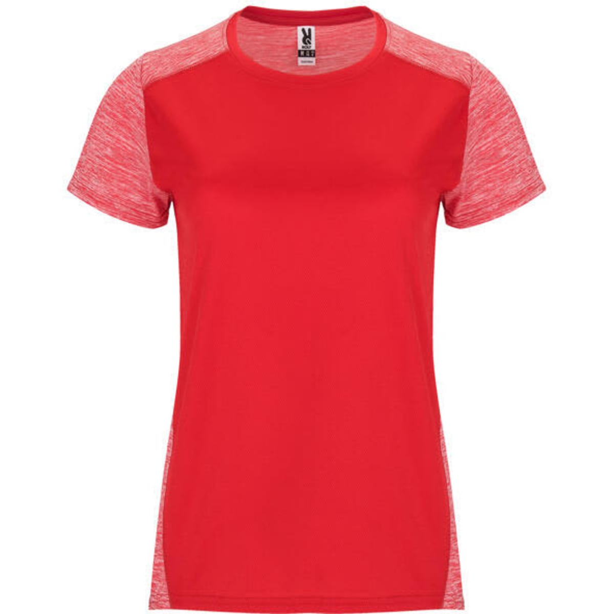A red women's T-shirt with short sleeves and contrasting textured red sleeves, featuring a brand logo.