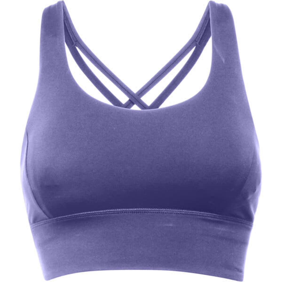 A purple cropped tank top featuring decorative cross-back straps and a fitted design. It has a logo.