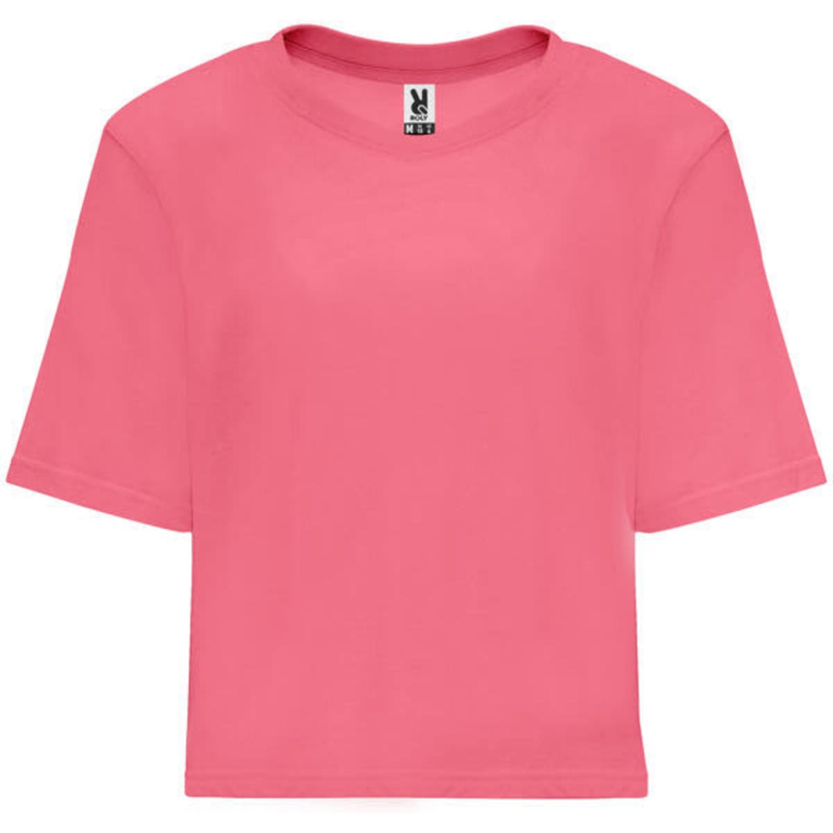 A bright pink cropped t-shirt with short sleeves and a label at the neck.