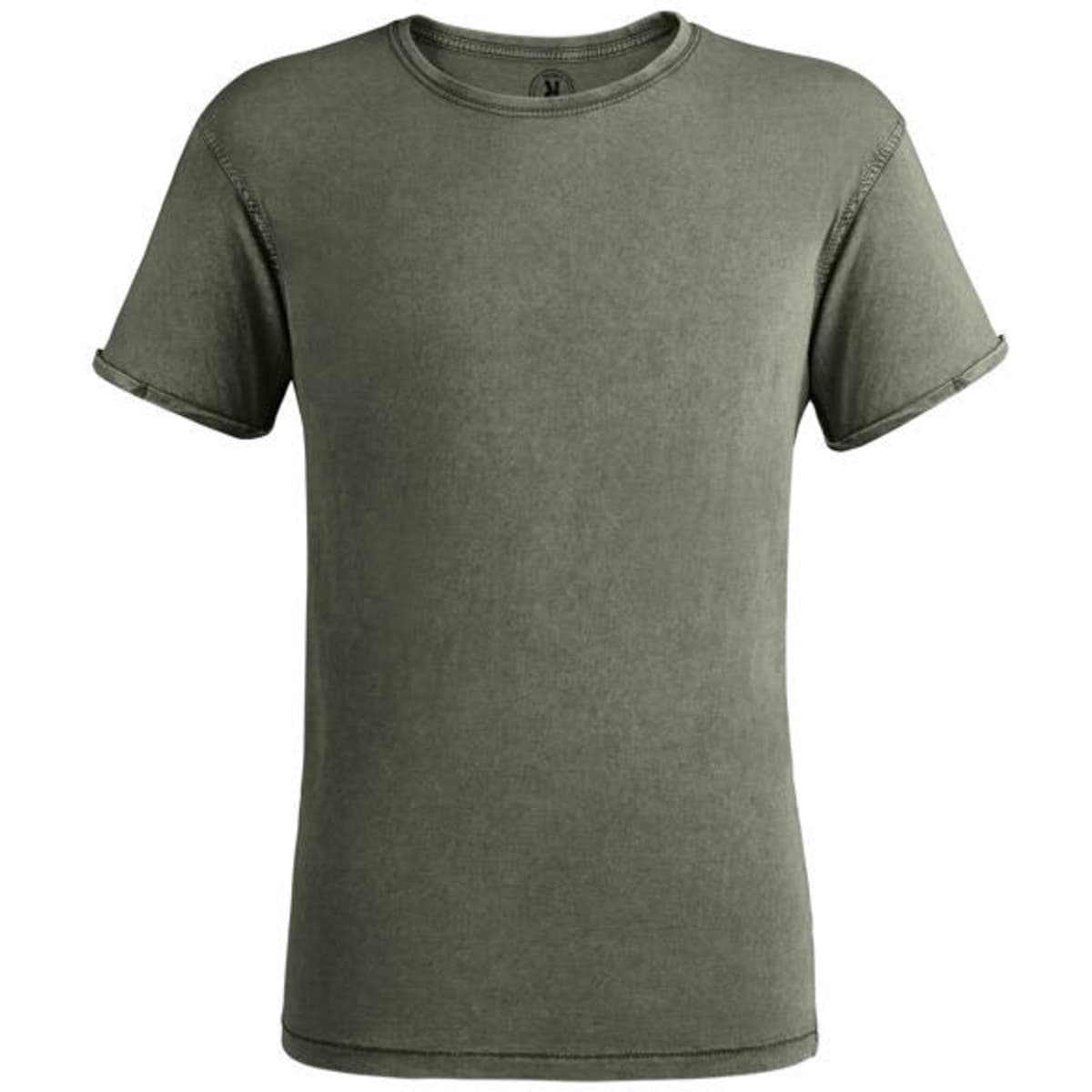 A green T-shirt with rolled short sleeves and a classic crew neckline. It has a logo on the tag.