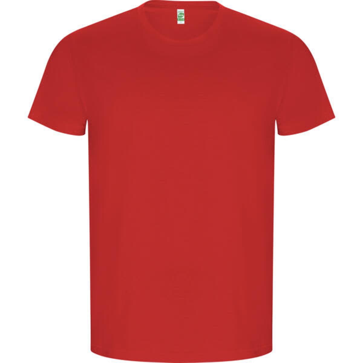 A red T-shirt featuring a round neck and short sleeves, with a small logo on the label.
