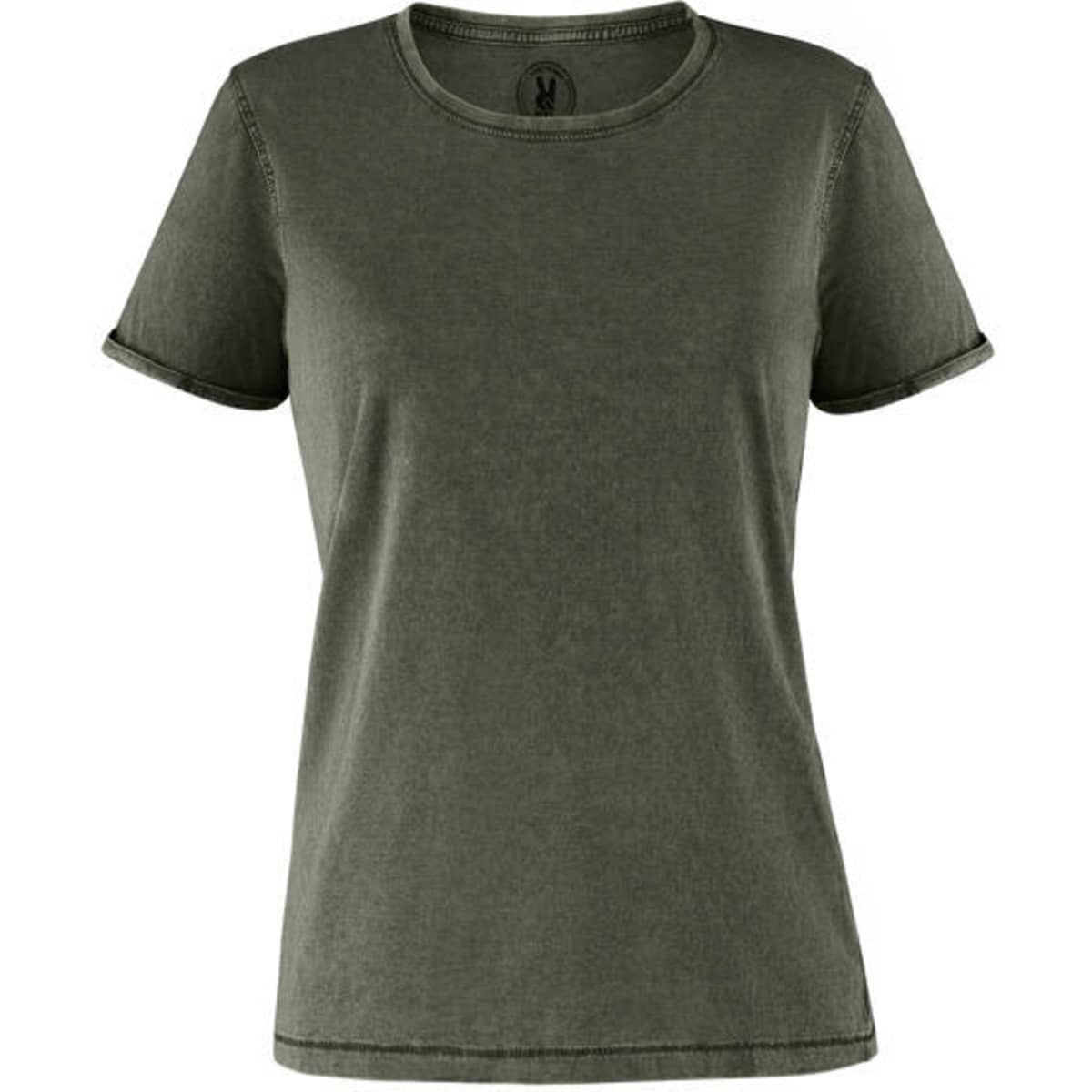 A green women's t-shirt with a round neckline and short sleeves. It features a branding logo at the neckline.