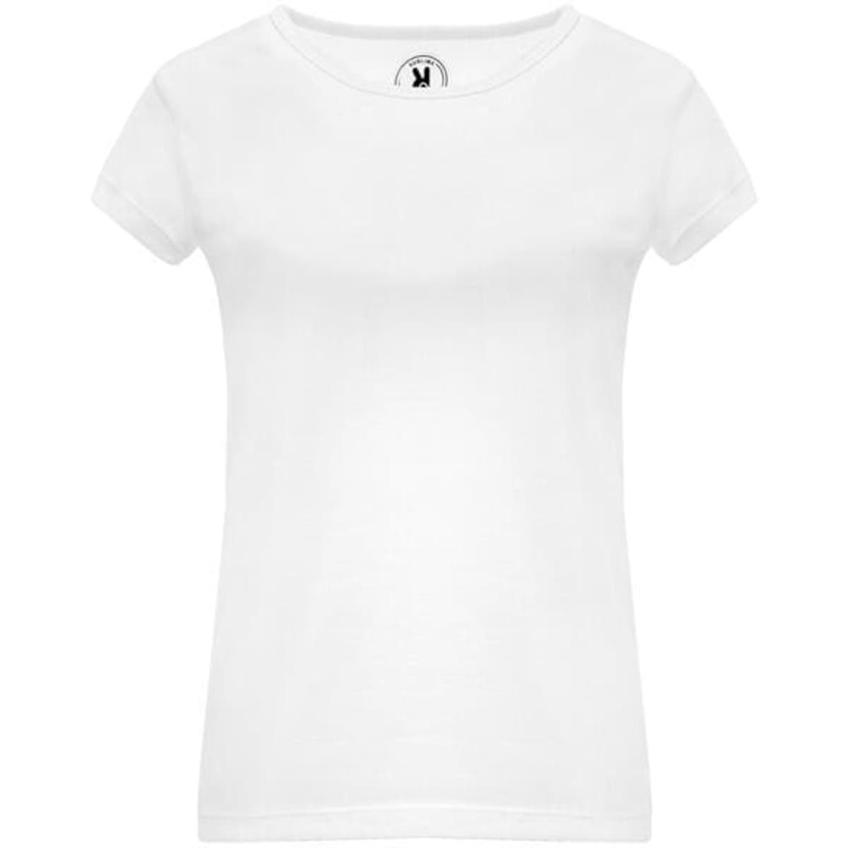 A white T-shirt with a round neckline and short sleeves, featuring a logo on the inside label.