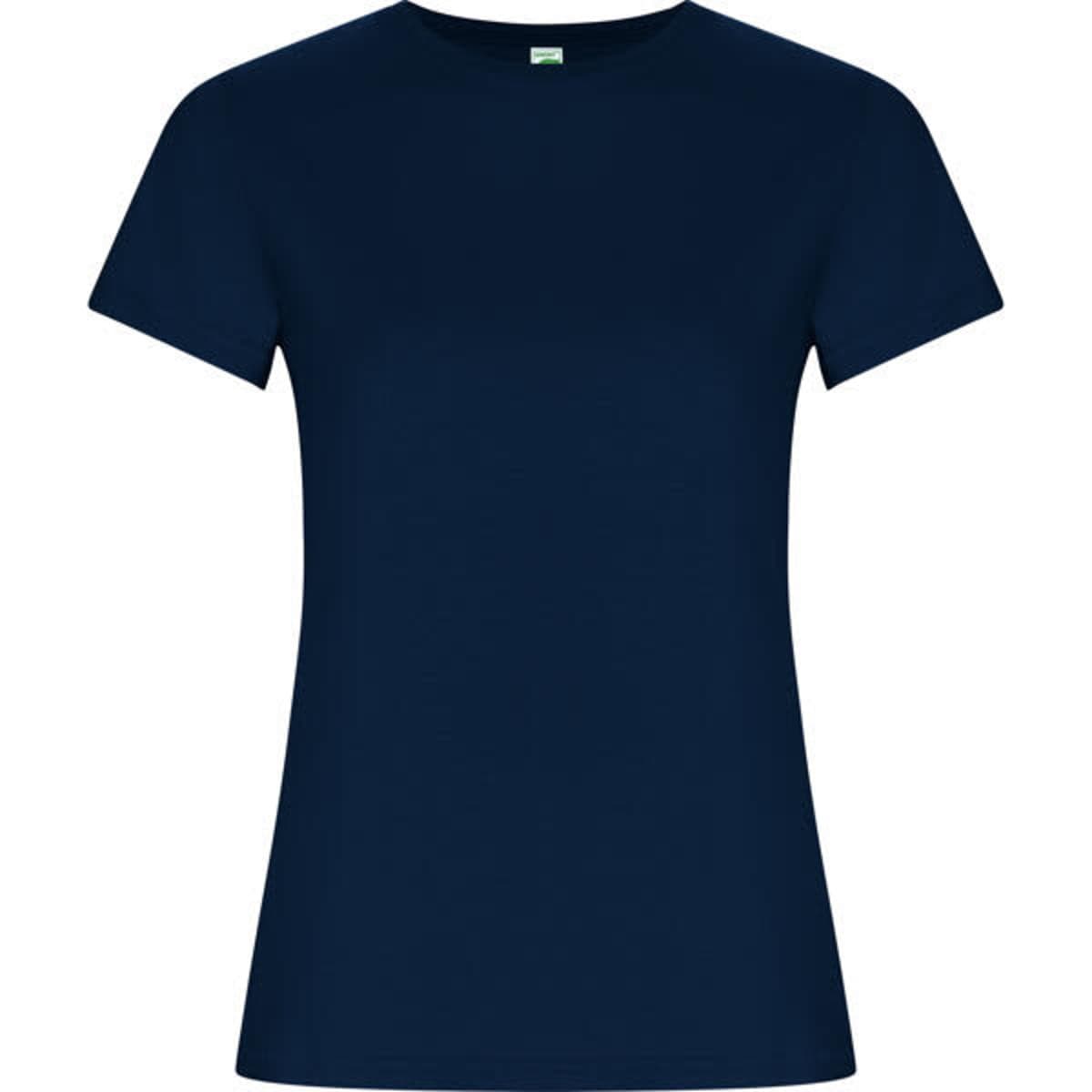 A women's T-shirt in navy blue with short sleeves and a round neckline, featuring a logo.