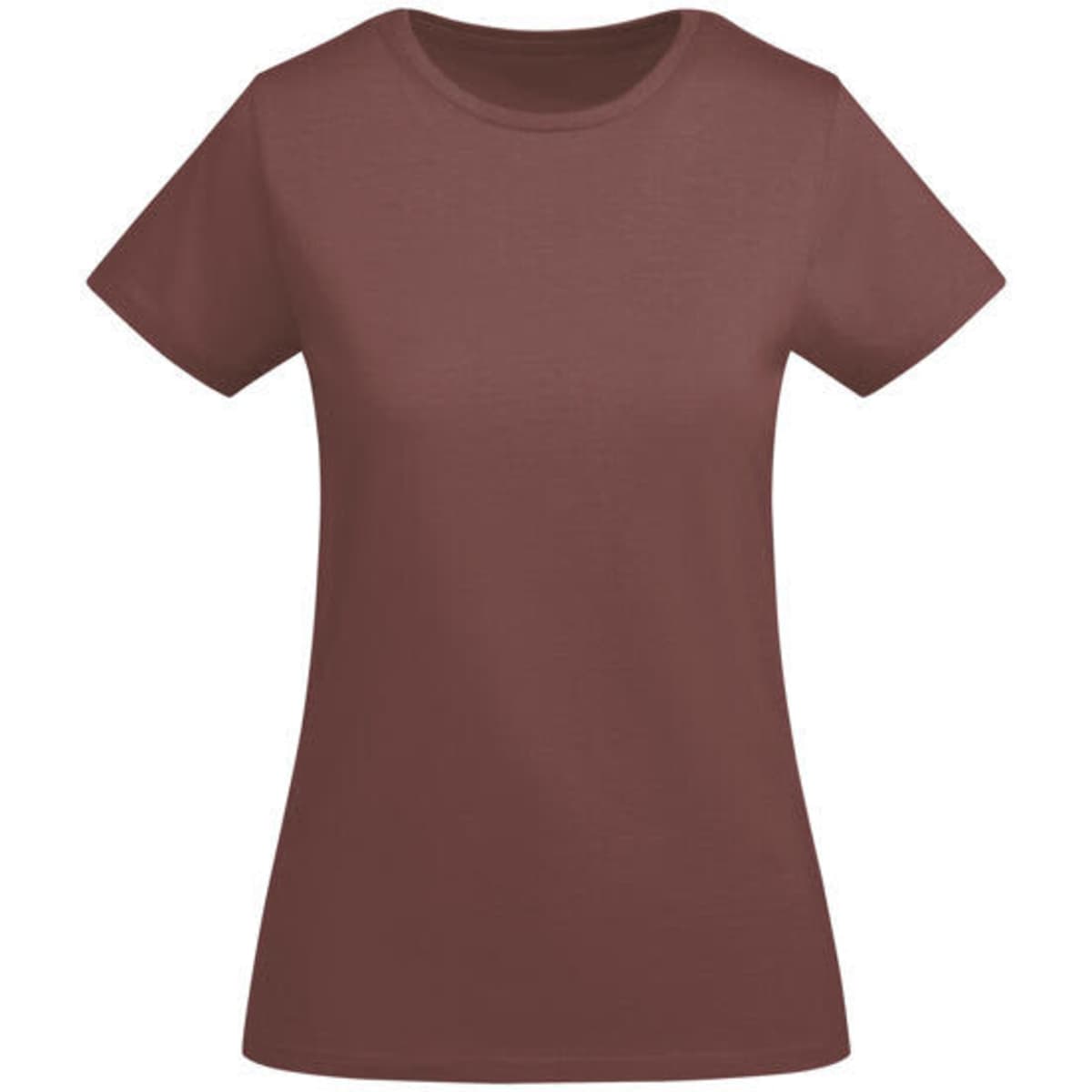 A women's T-shirt in a earthy burgundy colour, featuring a classic crew neck and short sleeves. Includes a branding logo.