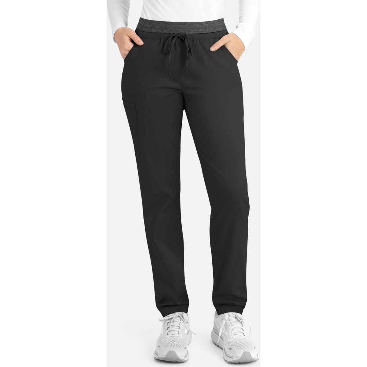 A pair of women's cargo pants in black with a contrast grey waistband and pockets, featuring a drawstring.