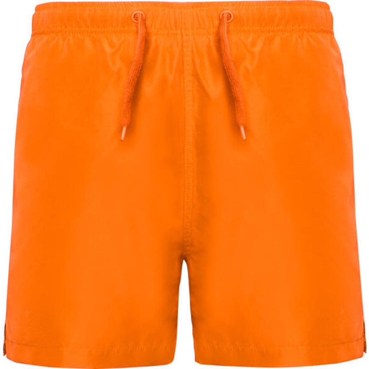 Bright orange swimming shorts featuring an elastic waistband with a drawstring and a subtle branding logo.