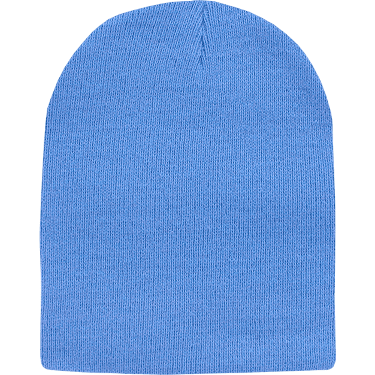 A light blue, knitted beanie hat without a cuff. It features a simple design and has a logo.