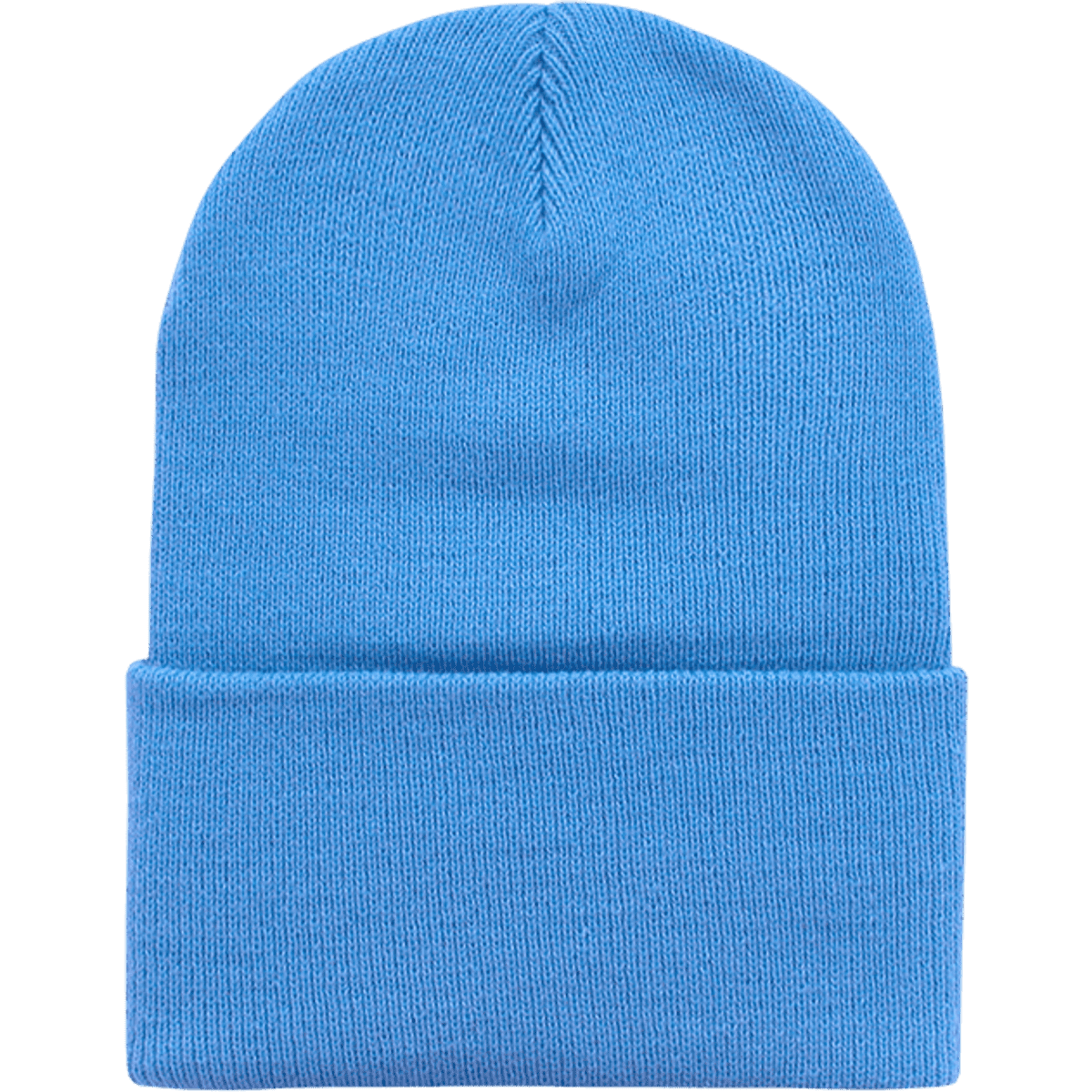 A light blue watch cap with a cuff. The knit material offers a snug fit and includes a logo.
