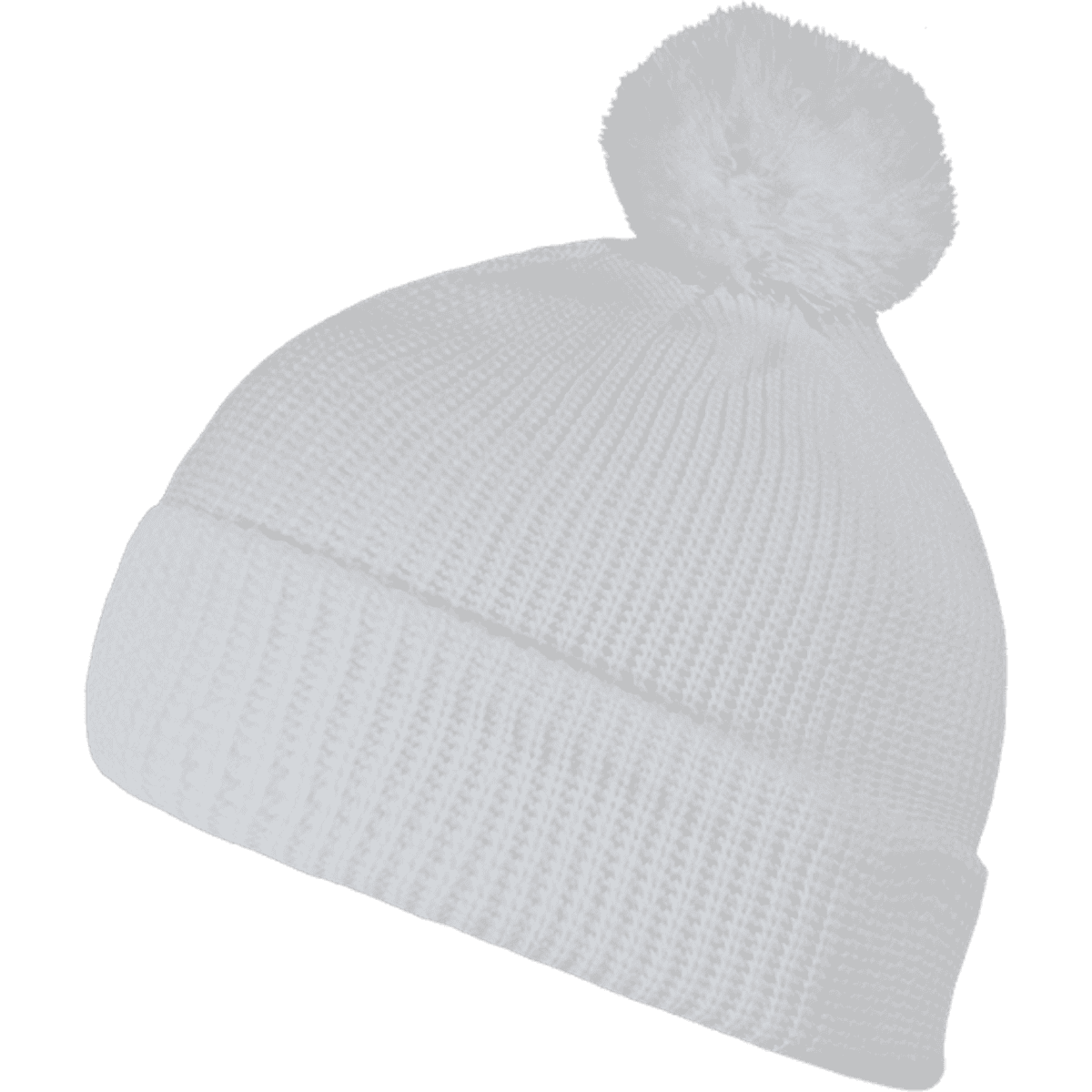 A white acrylic beanie with a pom pom on top, featuring a knitted texture and a folded cuff.