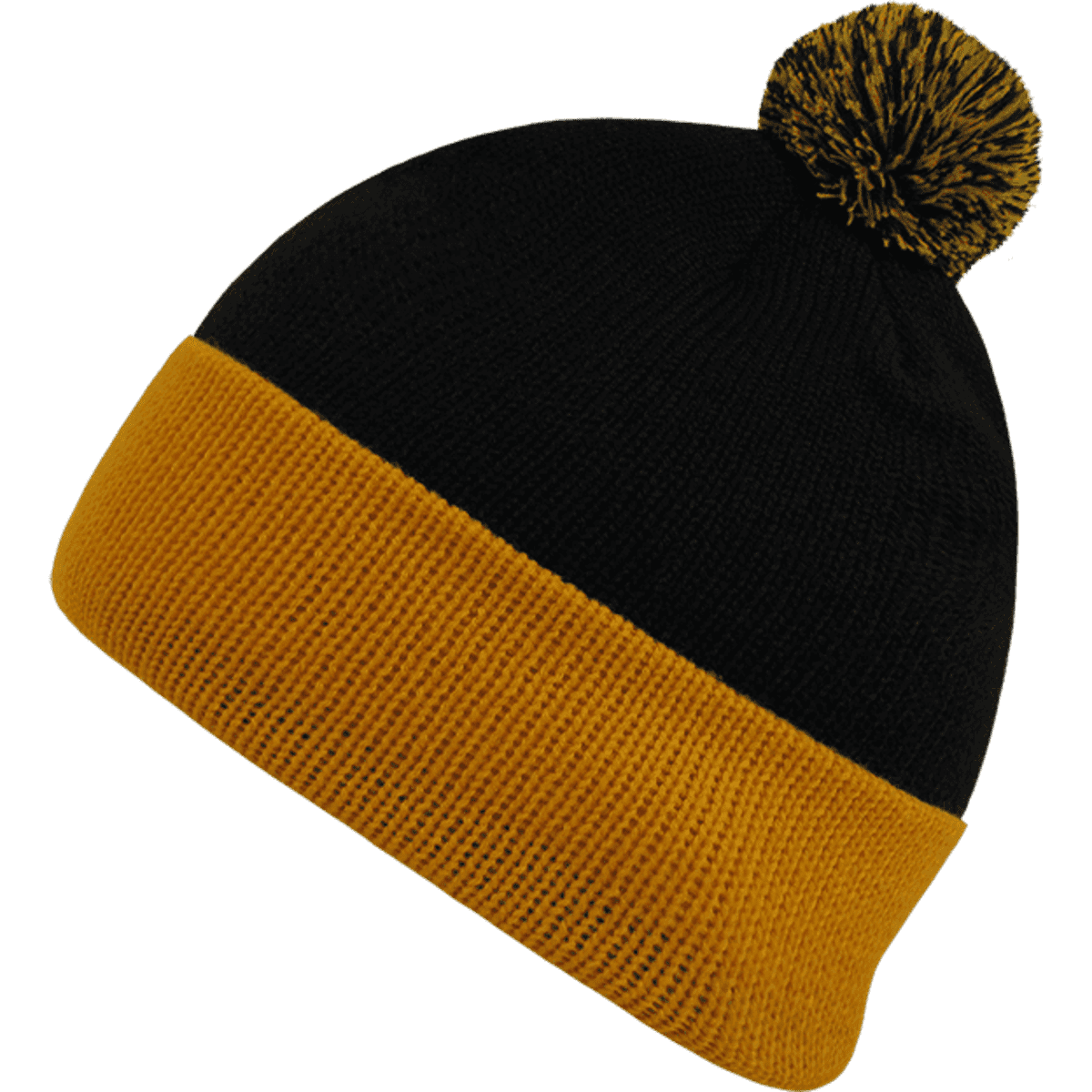 A black and gold beanie with a pom pom on top and a textured band. It features a logo on the side.