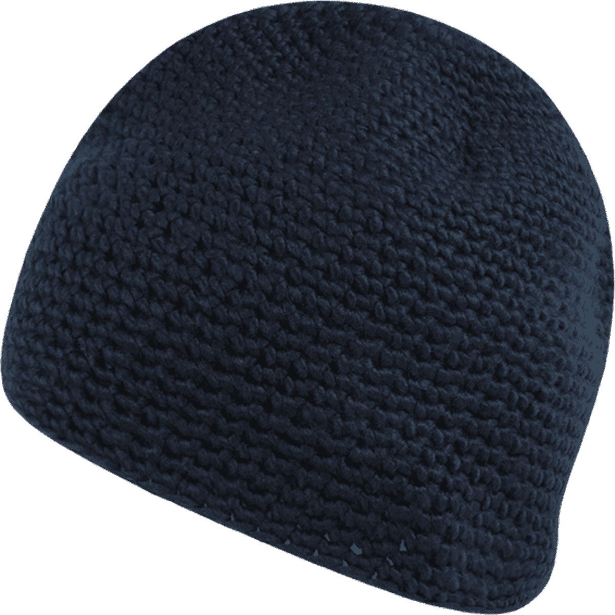 A navy blue knitted beanie with a textured, cosy appearance. It has a rounded shape and an understated style.
