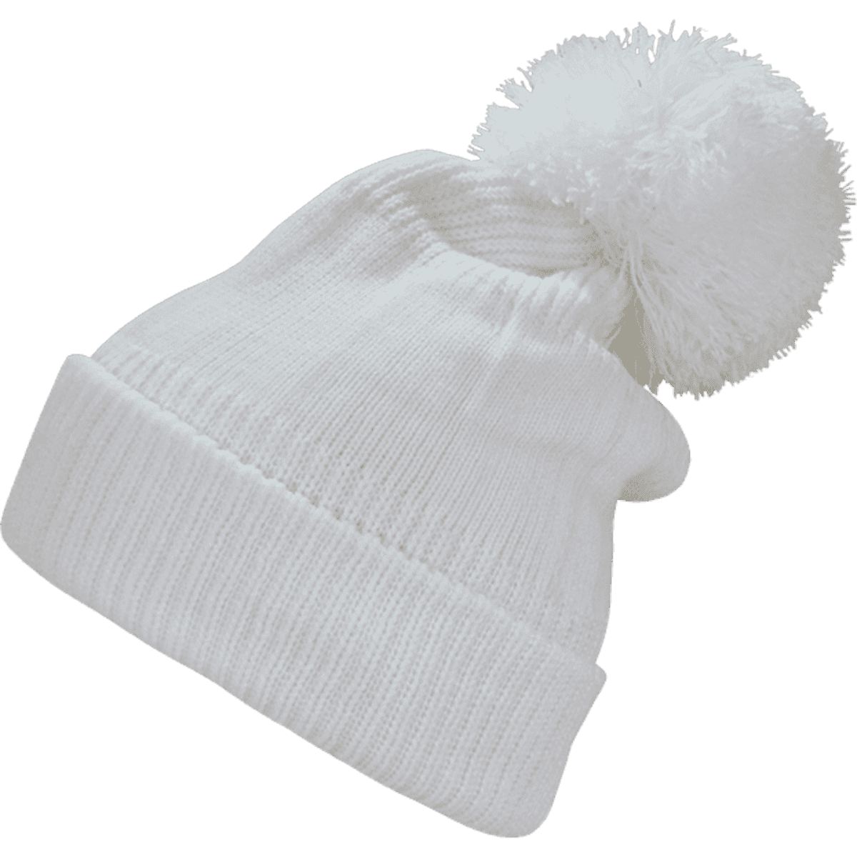 A white beanie with a large pom pom on top, featuring a knitted texture and a folded brim.