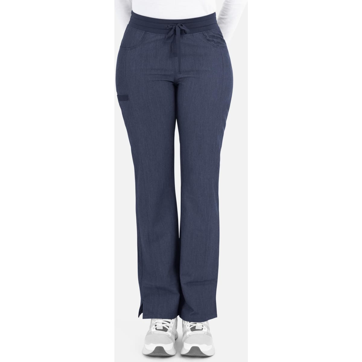 A pair of navy tapered pants with pockets and a drawstring waist, featuring a logo.