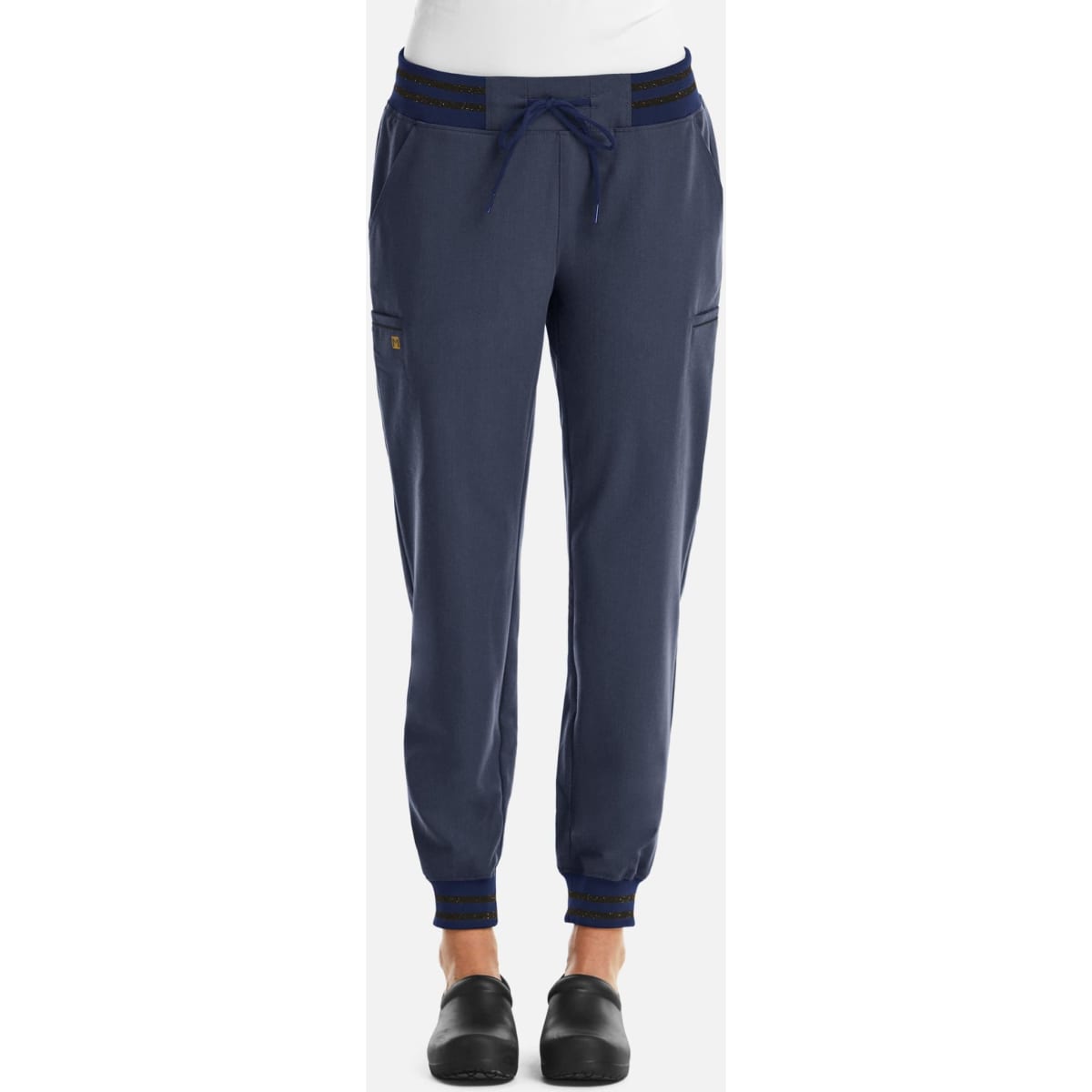 A pair of women's joggers in navy blue with metallic details and a fitted ankle design. Features pockets and a drawstring waist.