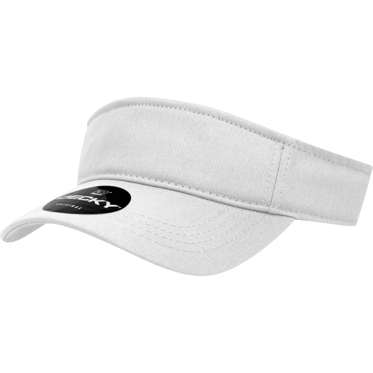 A white kids' visor with a wide band and adjustable design, featuring a logo on the front.