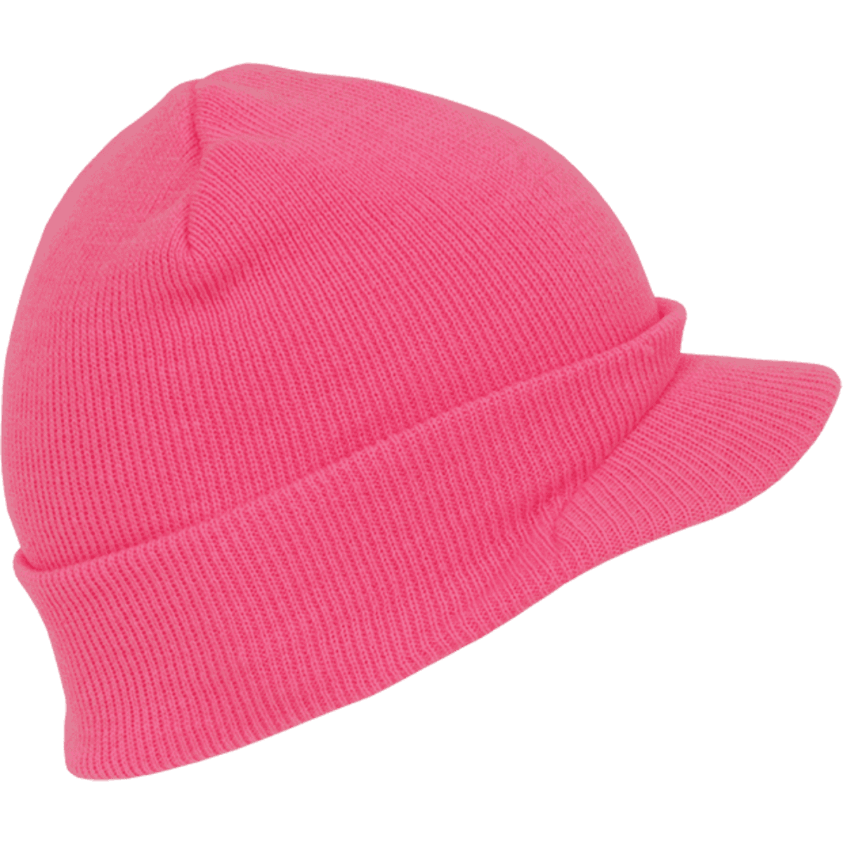 A neon pink beanie hat with a folded brim and a textured knit design. It features a small branding logo.