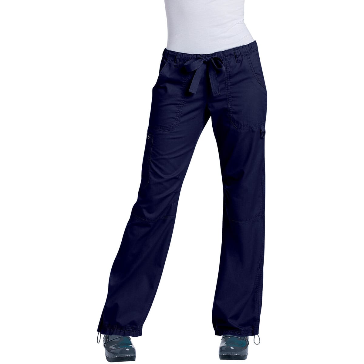 Navy blue pants with a drawstring waist and cargo pockets, featuring a logo. Flat front and relaxed fit design.