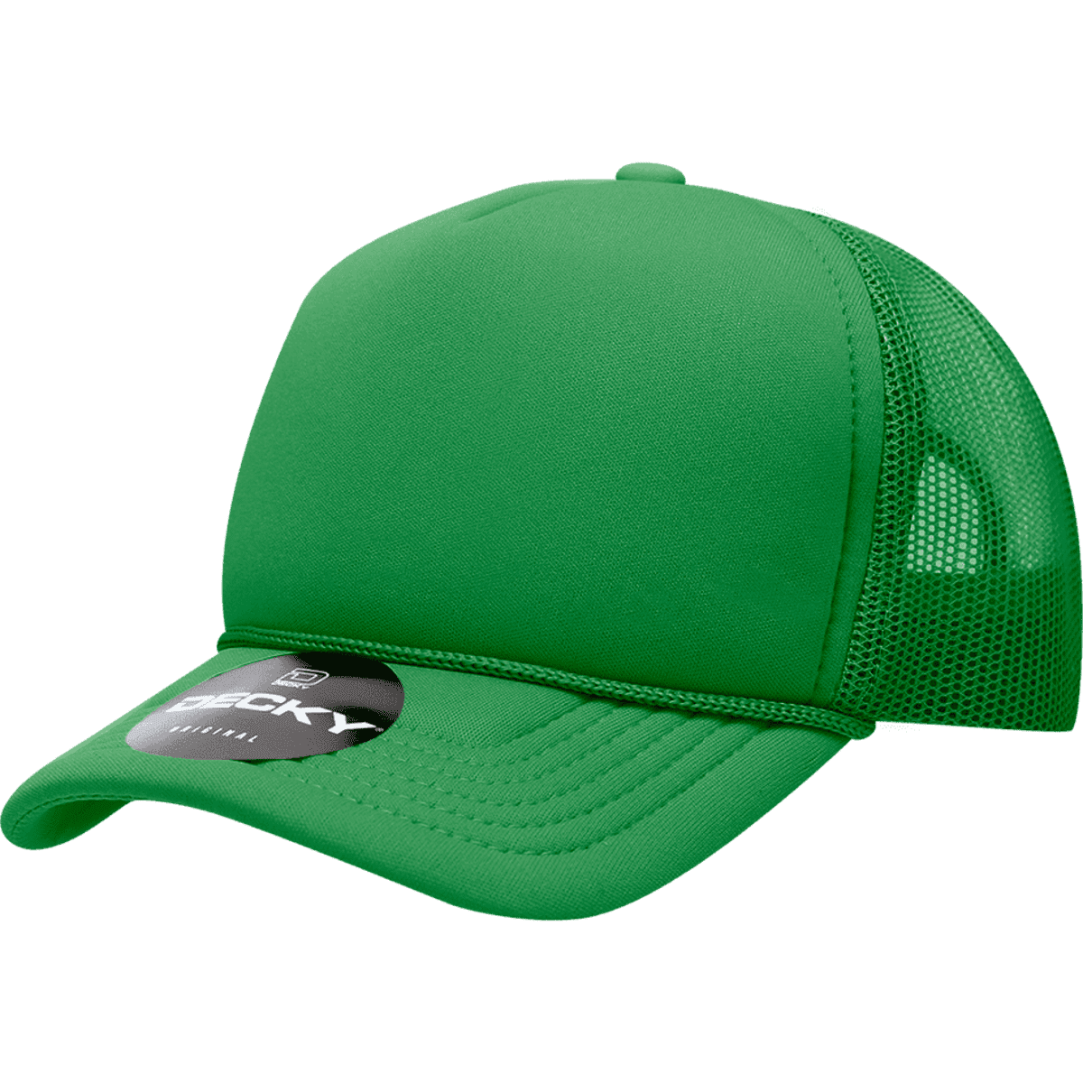 A green 5 panel mid-profile structured foam trucker cap with mesh sides and a branded logo.