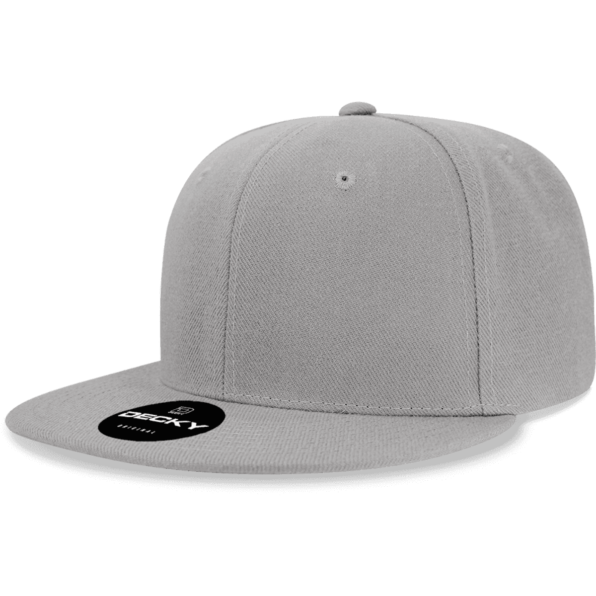 A grey high-profile structured snapback cap featuring a logo on the front and a flat brim.