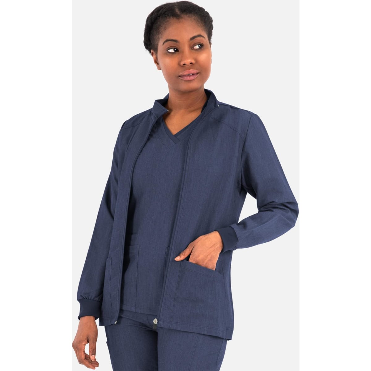 A navy blue women's hi collar warm-up jacket featuring a zip closure and side pockets. It has a subtle logo.