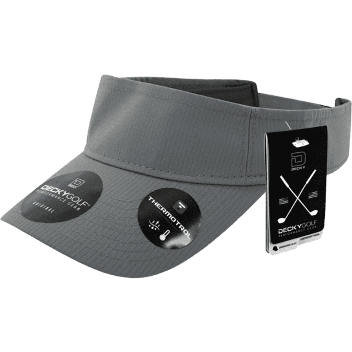 A grey sun visor with a wide brim and adjustable band, featuring a logo and tags for branding.