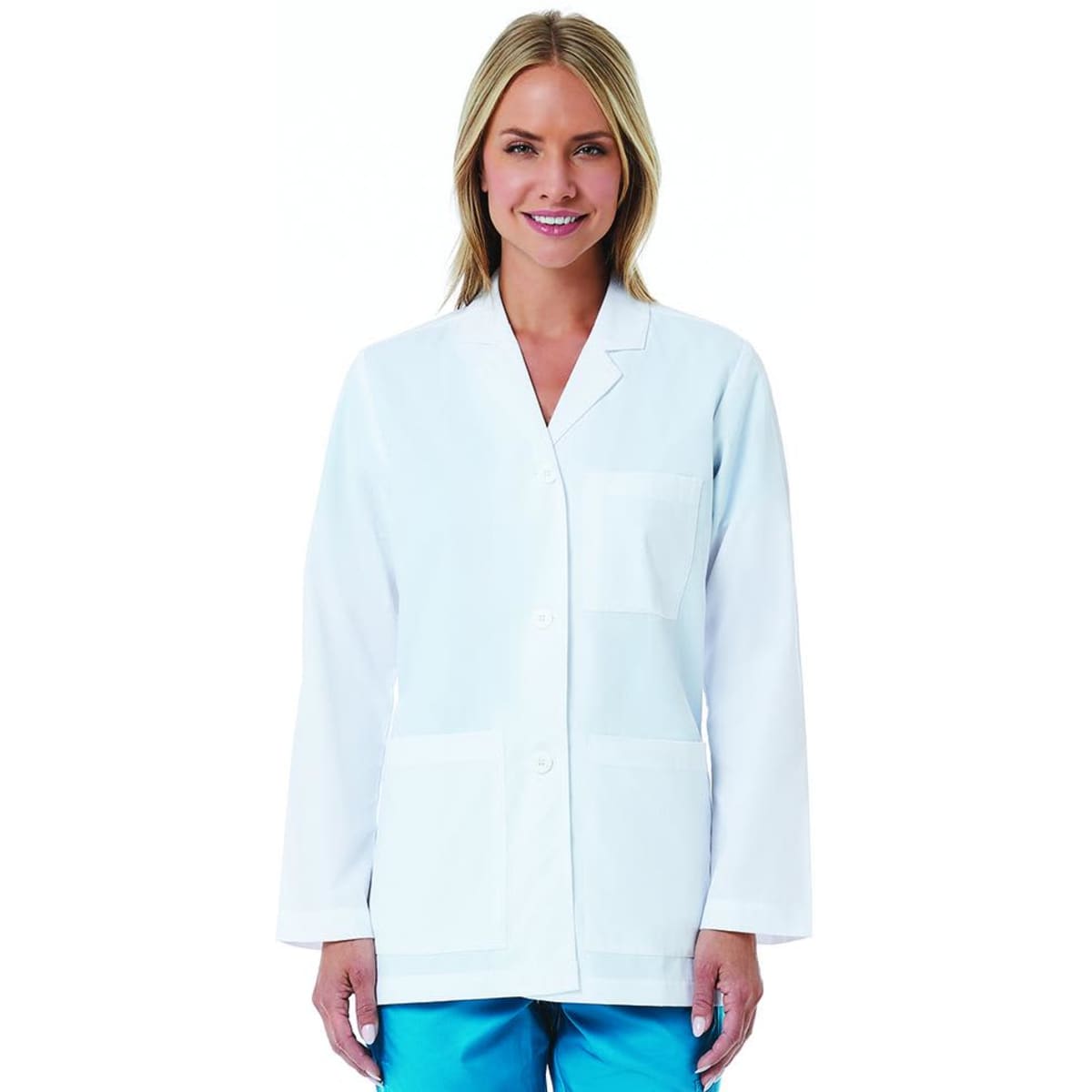 A white women's consultation lab coat with a front pocket and long sleeves. The model is smiling and standing.