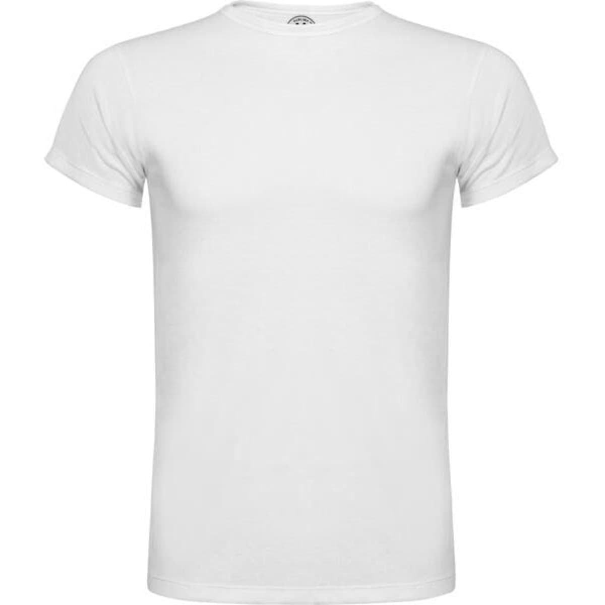 A white short-sleeved t-shirt with a simple crew neck design and a logo on the inside neckline.