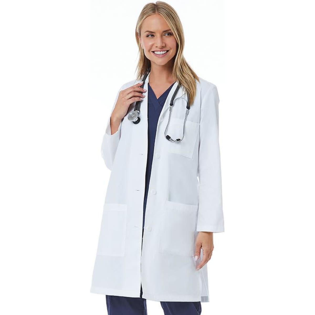 A woman wearing a full-length white lab coat with pockets and a stethoscope around her neck.