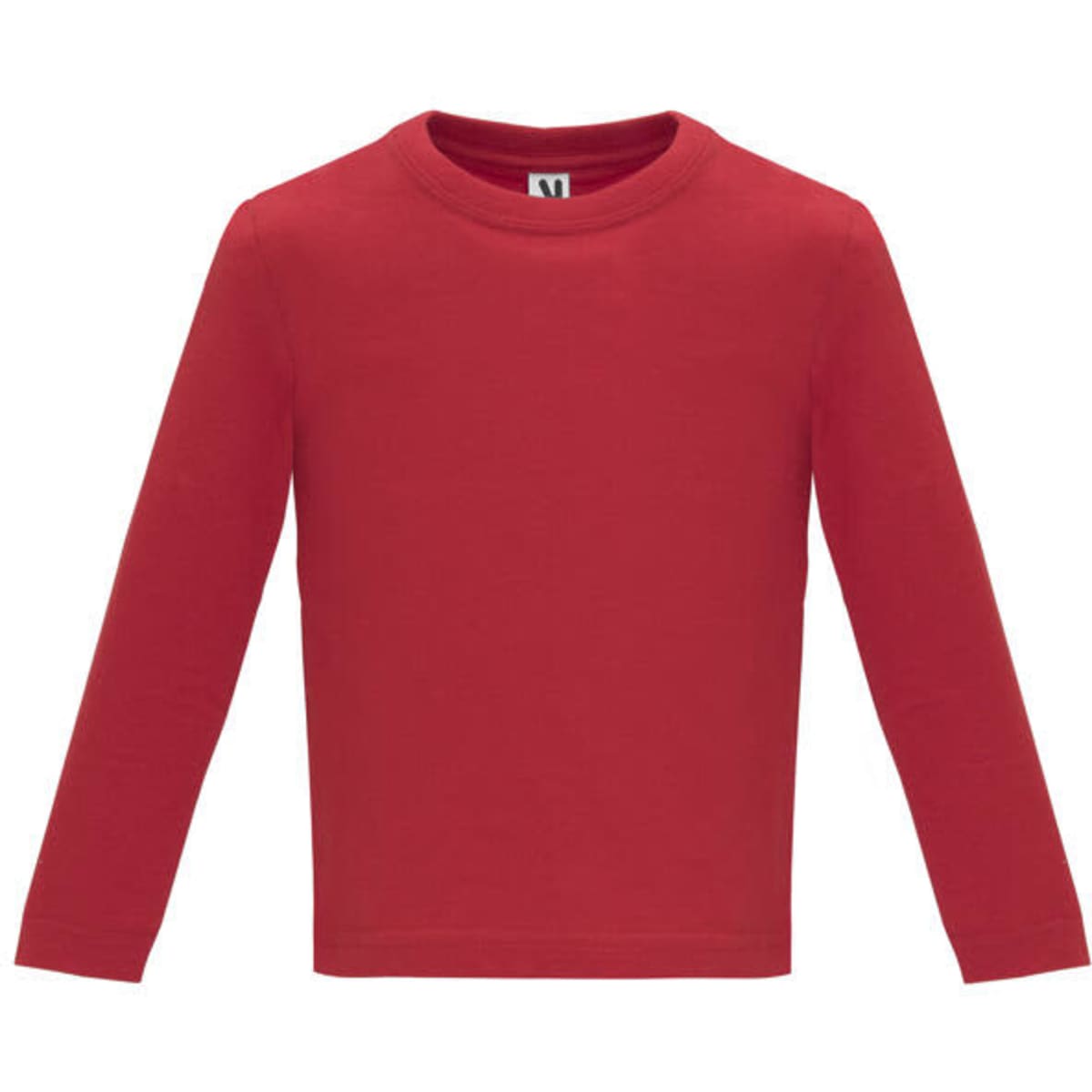 A red long-sleeved youth T-shirt with a simple design and a logo on the label.