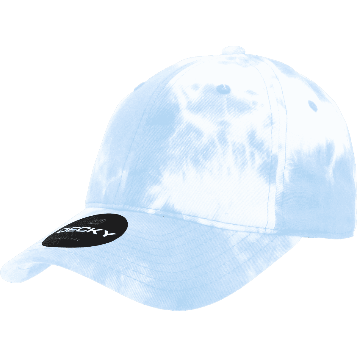 A tie-dye dad hat in light blue with a curved brim and an adjustable strap. It features a logo on the front.