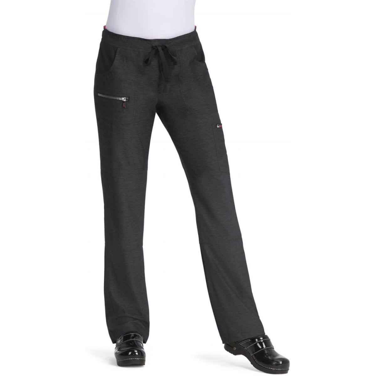 A pair of black pants with pockets and a drawstring waist, featuring a logo.