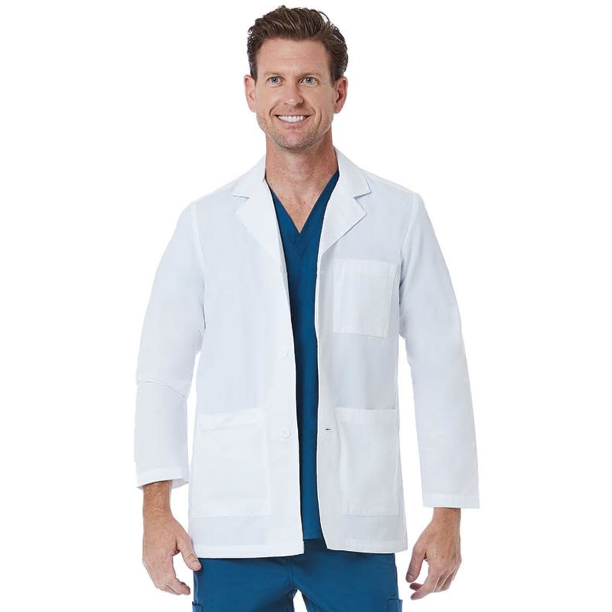 A men's lab coat in white, featuring a notched collar and pockets, worn over blue scrubs. Includes a logo.