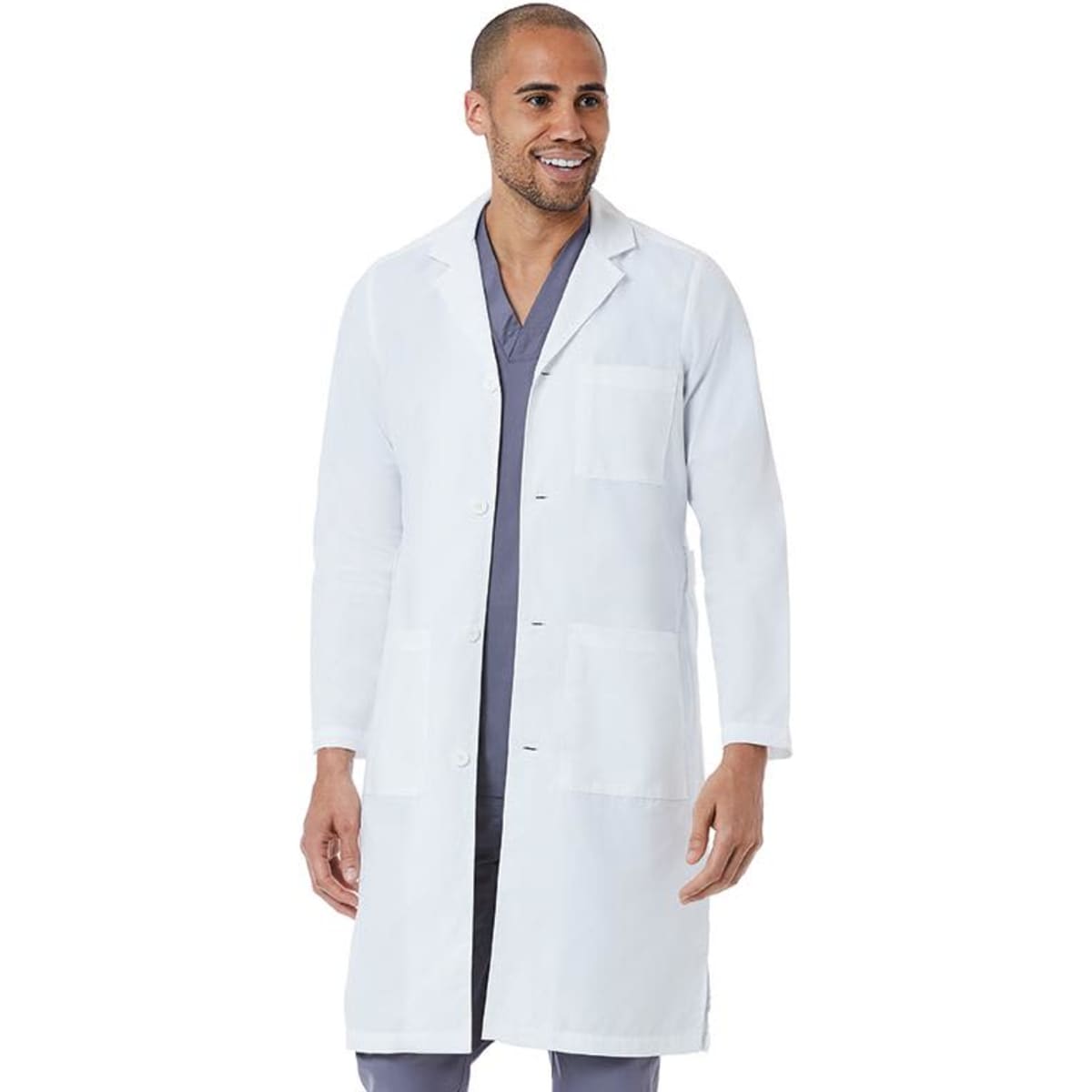A full-length white lab coat on a smiling man, featuring multiple pockets and a professional design.